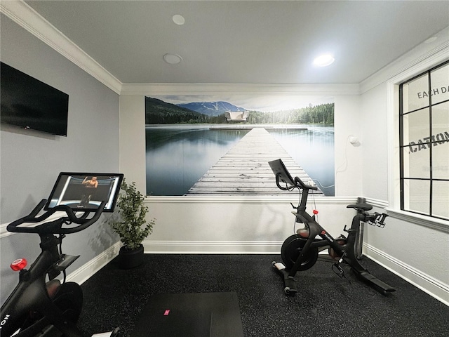 exercise room with a wealth of natural light and ornamental molding