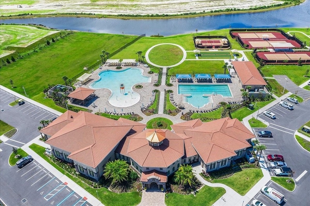 drone / aerial view featuring a water view