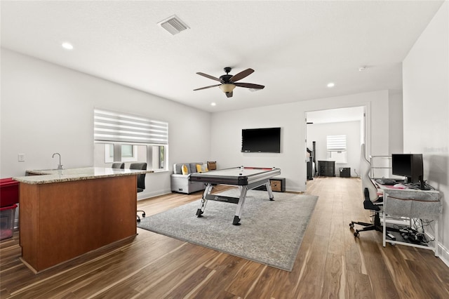 playroom featuring ceiling fan, dark wood-type flooring, billiards, and sink