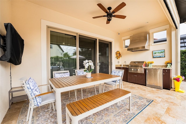 view of patio featuring ceiling fan, sink, and area for grilling