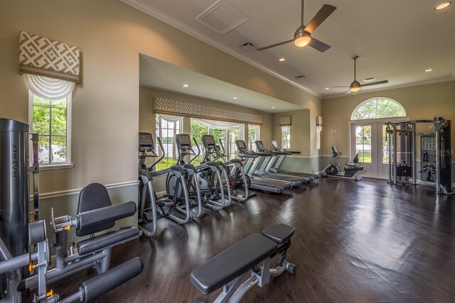 exercise room featuring visible vents, ceiling fan, wood finished floors, crown molding, and recessed lighting