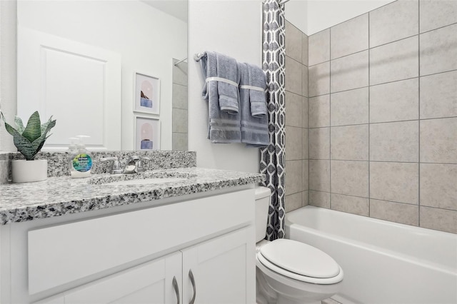 full bathroom with toilet, vanity, and shower / bathtub combination with curtain