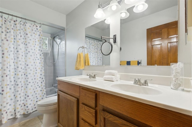 full bathroom with shower / bathtub combination with curtain, tile patterned floors, toilet, and vanity