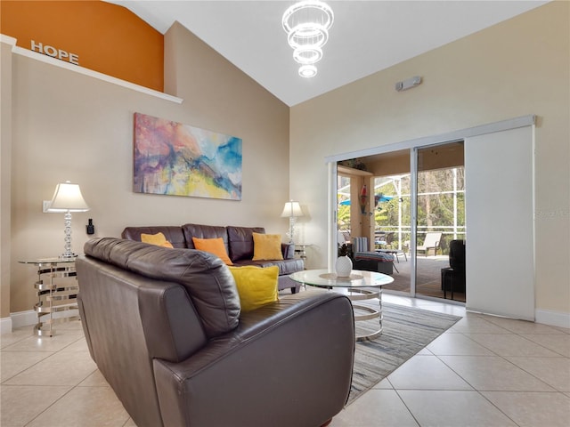 tiled living room featuring high vaulted ceiling