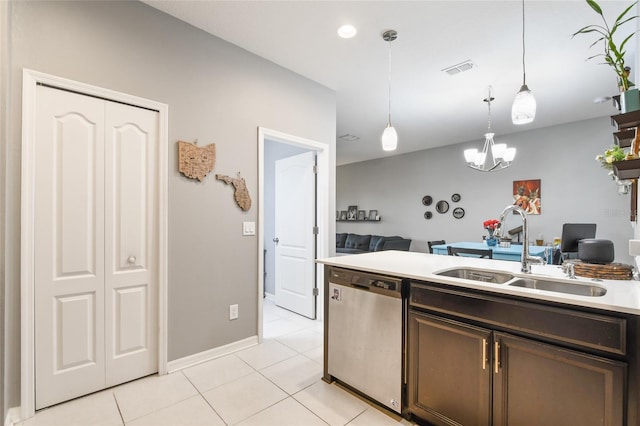 kitchen featuring sink, decorative light fixtures, an inviting chandelier, stainless steel dishwasher, and dark brown cabinets