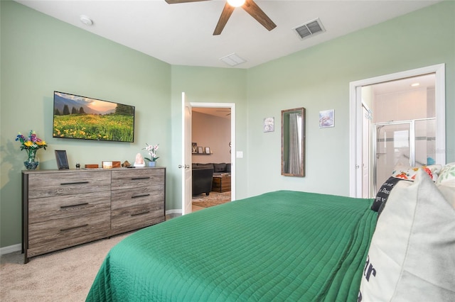 bedroom with ceiling fan and light colored carpet