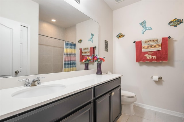 bathroom with toilet, tile patterned flooring, walk in shower, and vanity