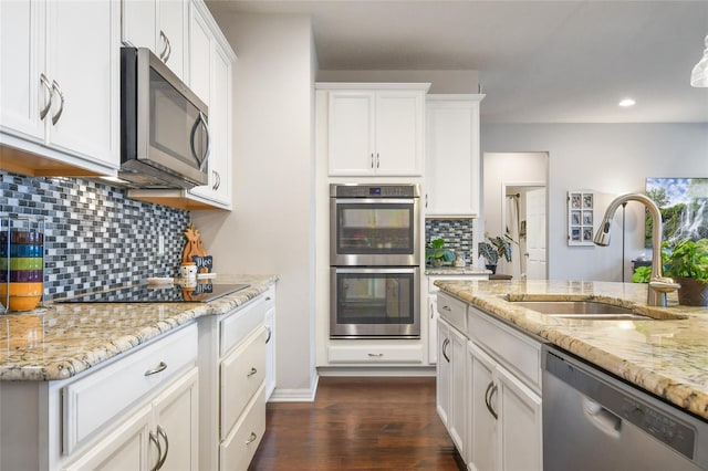 1416 Cabot Dr, Clermont, FL 34711 - kitchen featuring dark wood-style floors, a sink, stainless steel appliances, tasteful backsplash, and white cabinets