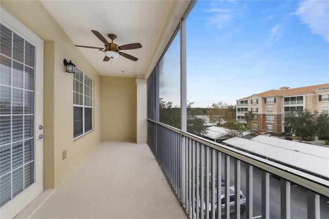 balcony featuring ceiling fan