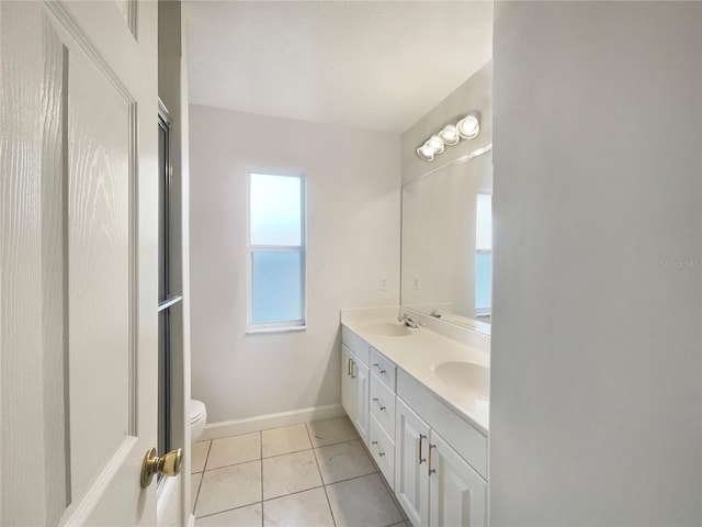 bathroom featuring toilet, vanity, and tile patterned flooring