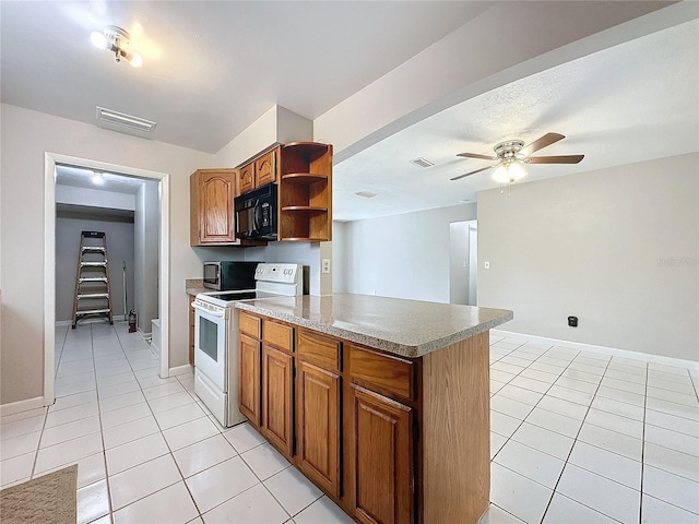 kitchen featuring ceiling fan, light tile patterned flooring, and electric stove