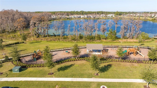 bird's eye view with a water view