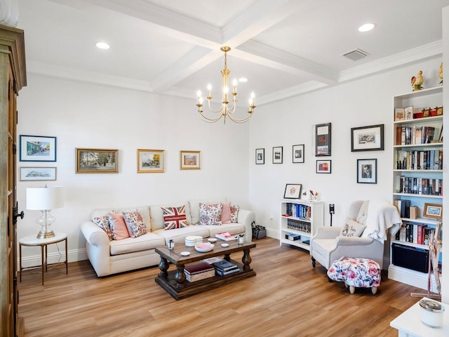 living room featuring a notable chandelier, hardwood / wood-style floors, beamed ceiling, coffered ceiling, and ornamental molding