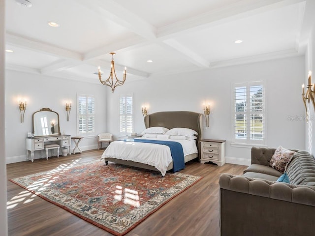 bedroom with beam ceiling, a chandelier, coffered ceiling, and hardwood / wood-style flooring