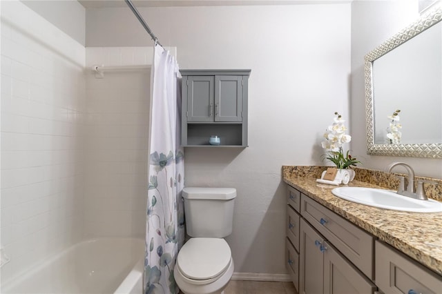 full bath with toilet, vanity, shower / bathtub combination with curtain, and baseboards