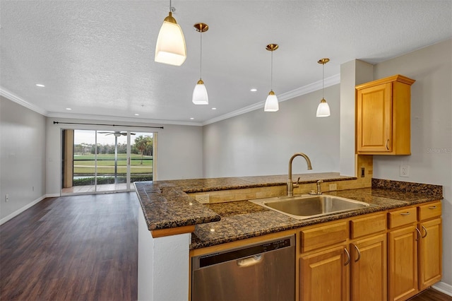 kitchen featuring dark wood-style floors, stainless steel dishwasher, ornamental molding, a sink, and a textured ceiling