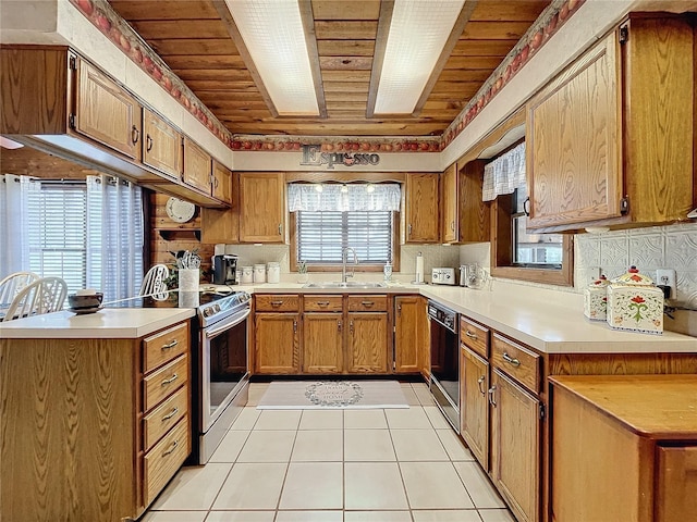 kitchen with kitchen peninsula, sink, black dishwasher, stainless steel electric range oven, and light tile patterned floors