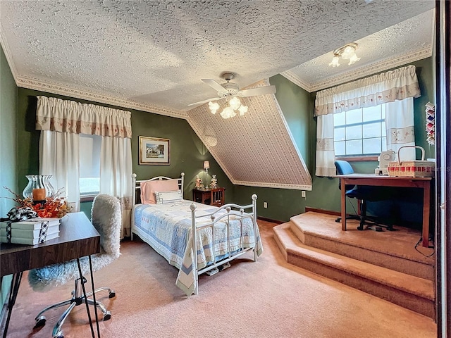 carpeted bedroom featuring ceiling fan, vaulted ceiling, crown molding, and a textured ceiling