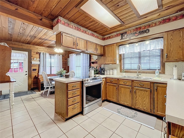 kitchen featuring wood ceiling, sink, kitchen peninsula, stainless steel electric range oven, and light tile patterned floors