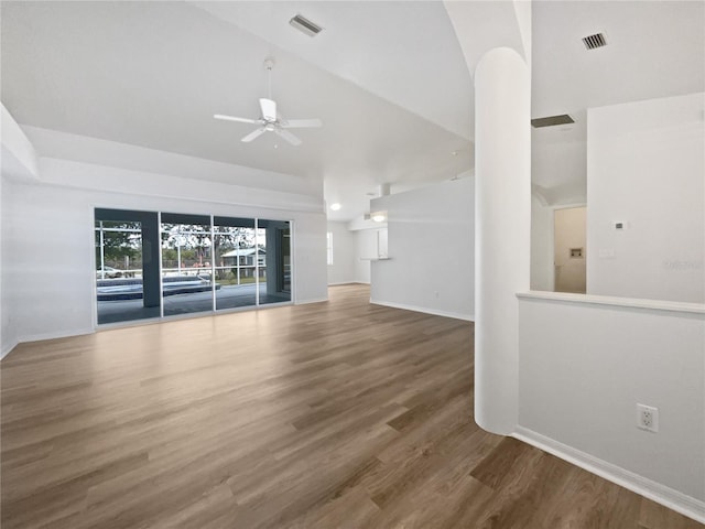 unfurnished living room with ceiling fan and wood-type flooring