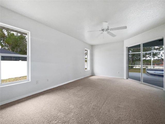 spare room with carpet, ceiling fan, and a textured ceiling