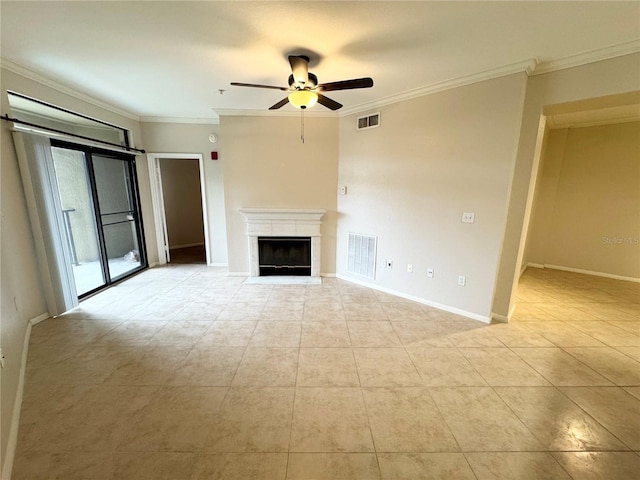 unfurnished living room with ceiling fan, ornamental molding, and visible vents