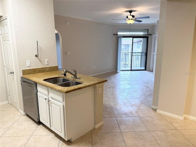 kitchen featuring arched walkways, light tile patterned flooring, a sink, ornamental molding, and dishwasher