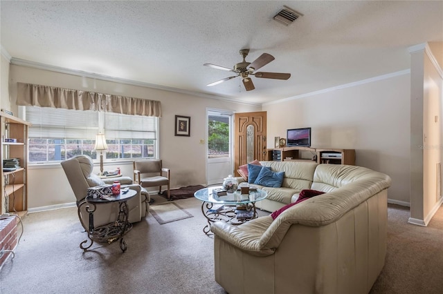 living room featuring a textured ceiling, ceiling fan, and crown molding