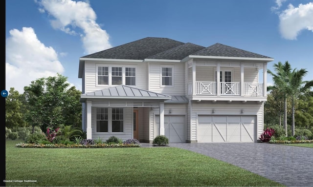 view of front facade featuring a front lawn, a garage, and a balcony