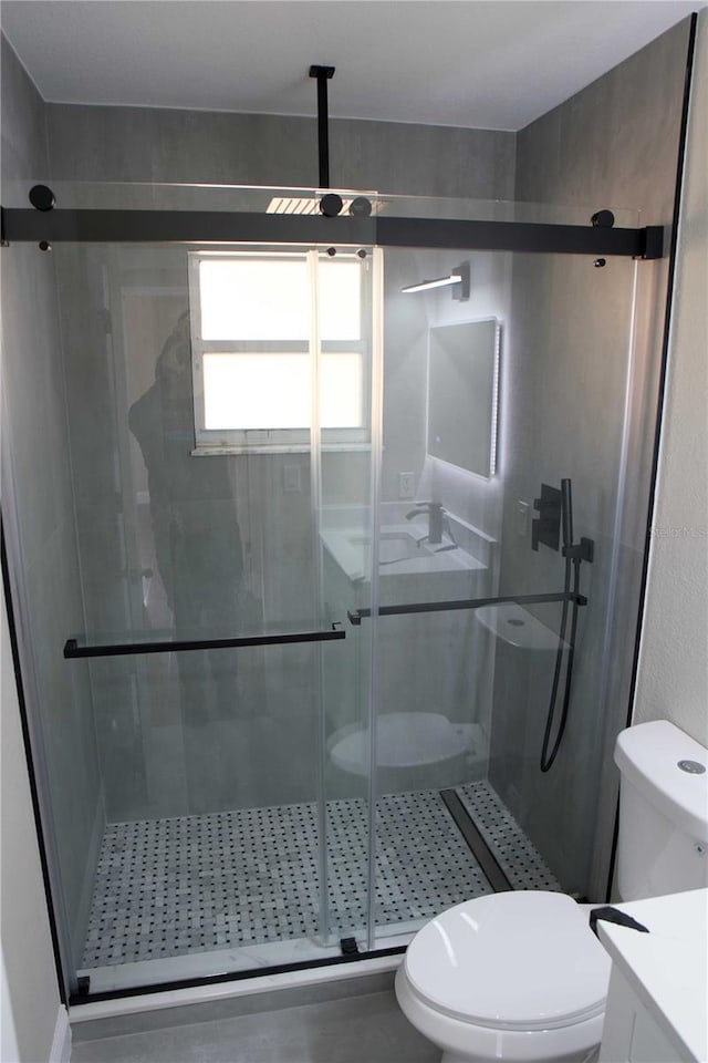 bathroom featuring vanity, toilet, and an enclosed shower