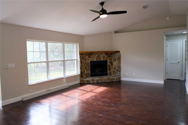 unfurnished living room featuring ceiling fan, vaulted ceiling, dark hardwood / wood-style floors, and a baseboard radiator