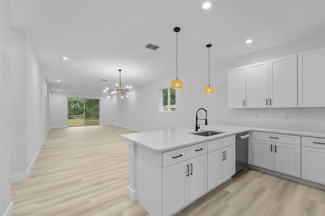 kitchen with white cabinetry, kitchen peninsula, pendant lighting, stainless steel dishwasher, and sink