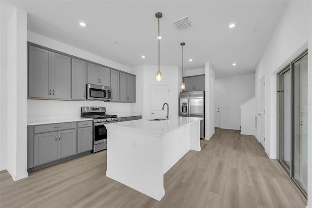 kitchen featuring pendant lighting, sink, a kitchen island with sink, gray cabinetry, and stainless steel appliances