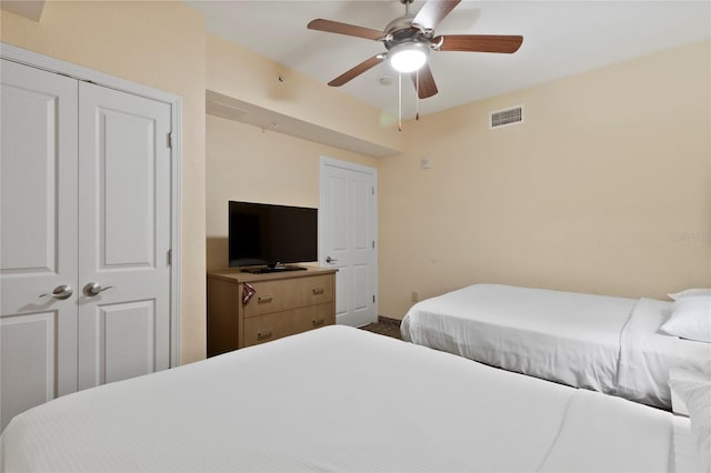 bedroom with ceiling fan and a closet