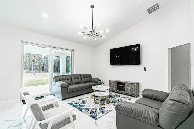 living room with lofted ceiling and an inviting chandelier