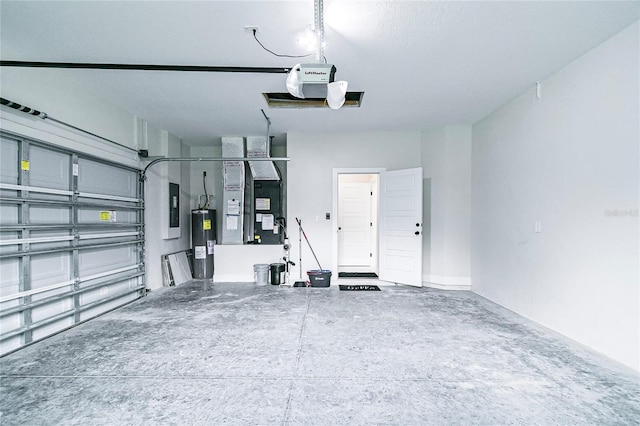 garage with heating unit, water heater, a garage door opener, and electric panel