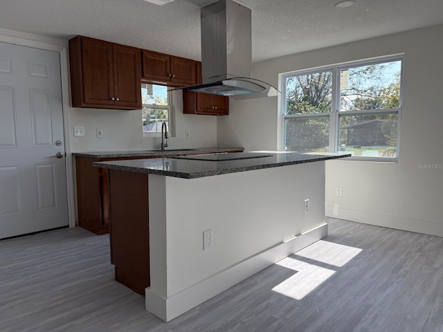 kitchen with light hardwood / wood-style floors, a center island, island range hood, and sink