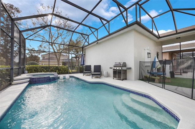 view of swimming pool with an in ground hot tub, a lanai, area for grilling, and a patio