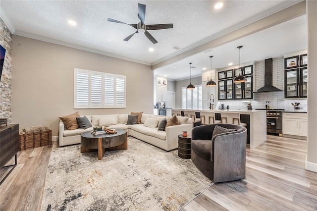 living room with light hardwood / wood-style floors, a textured ceiling, and ornamental molding