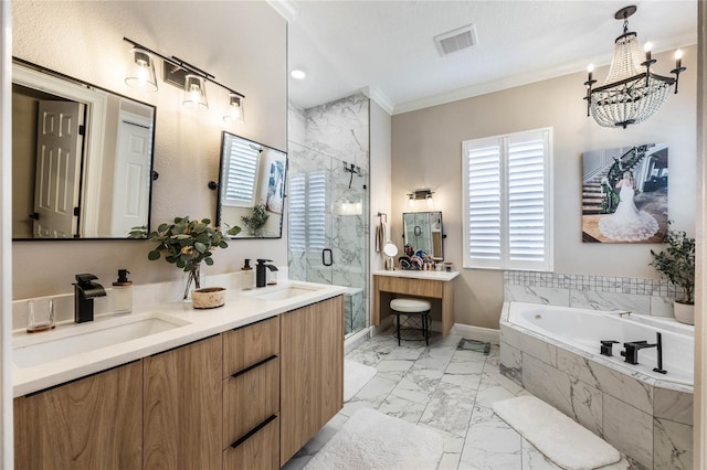 bathroom featuring vanity, independent shower and bath, crown molding, and a chandelier