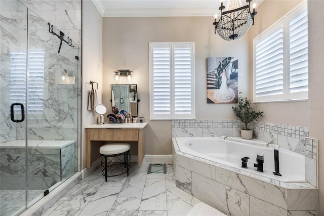 bathroom featuring vanity, independent shower and bath, an inviting chandelier, and ornamental molding