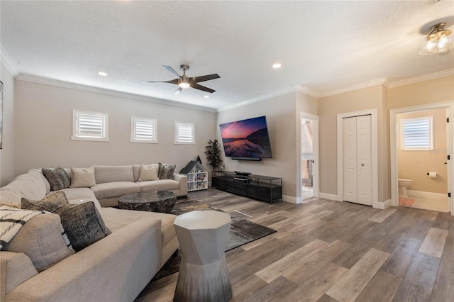 living room featuring plenty of natural light, crown molding, and hardwood / wood-style floors