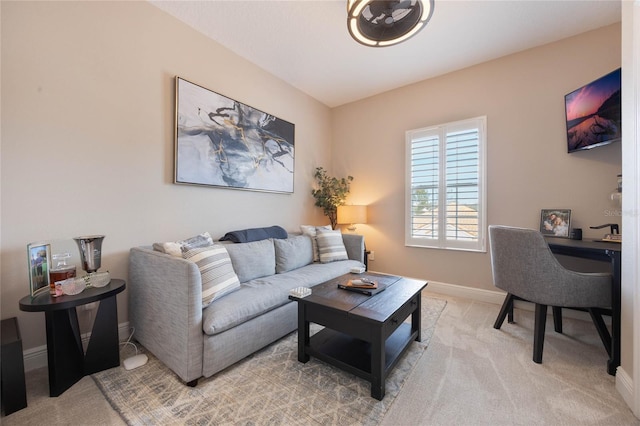 living room with light colored carpet