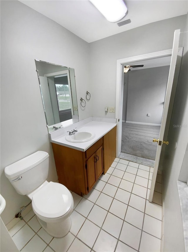 bathroom featuring ceiling fan, toilet, vanity, and tile patterned flooring