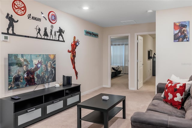 living room with light colored carpet