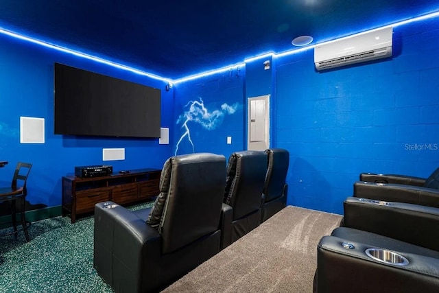 carpeted home theater with an AC wall unit and electric panel