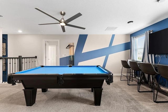 playroom with ceiling fan, light colored carpet, and pool table