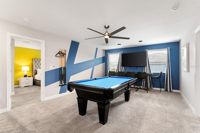 recreation room with ceiling fan, carpet, and billiards