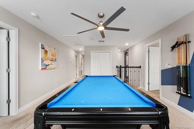 game room featuring ceiling fan, carpet floors, and pool table