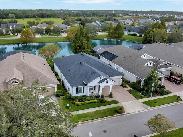 drone / aerial view featuring a water view